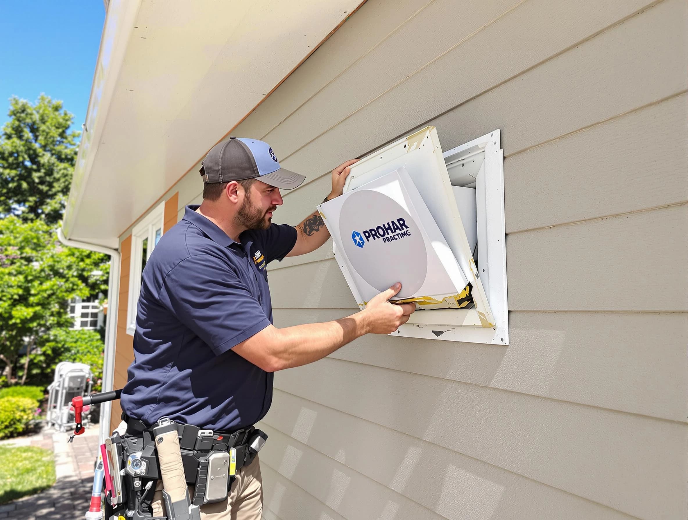 Hyrum Dryer Vent Cleaning technician installing a new protective dryer vent cover on a home in Hyrum