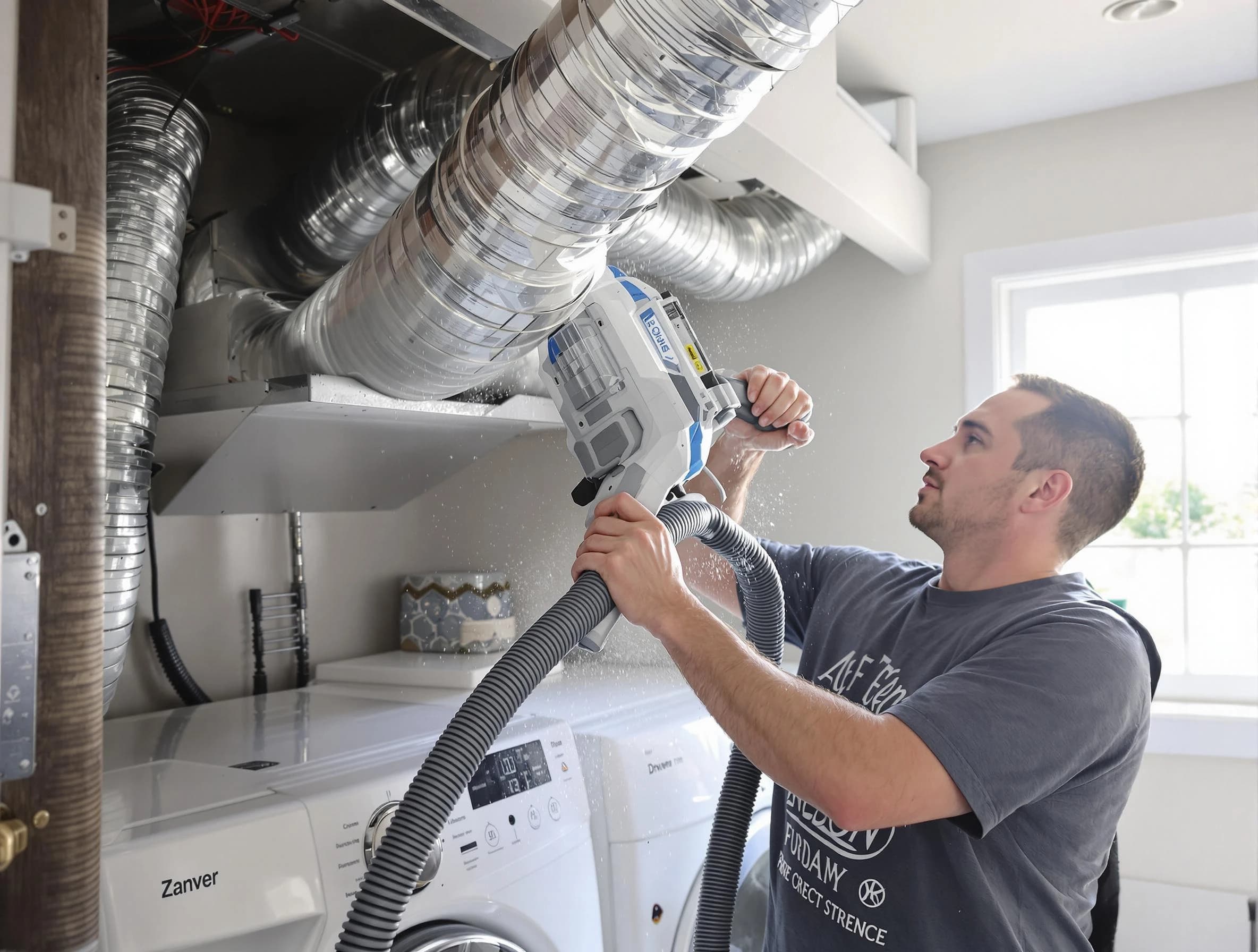 Hyrum Dryer Vent Cleaning specialist cleaning deep within a dryer vent duct system in Hyrum