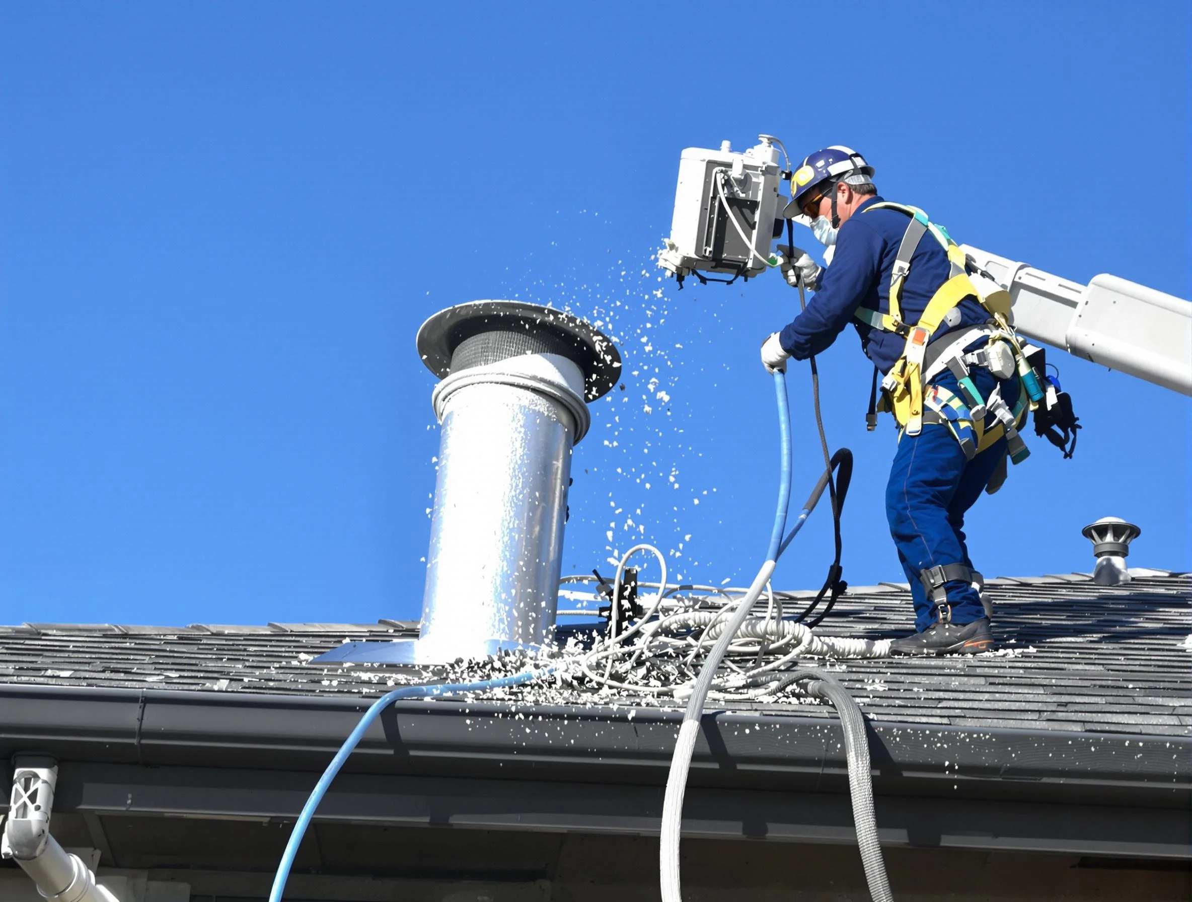 Hyrum Dryer Vent Cleaning certified technician safely cleaning a roof-mounted dryer vent in Hyrum