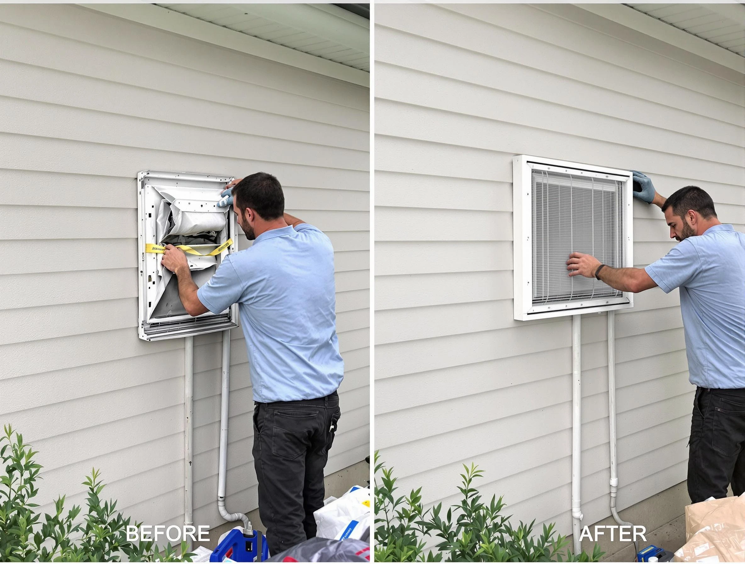 Hyrum Dryer Vent Cleaning technician installing high-quality dryer vent cover at a residential property in Hyrum